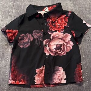 SHEIN Black and Red Floral Button Down Shirt